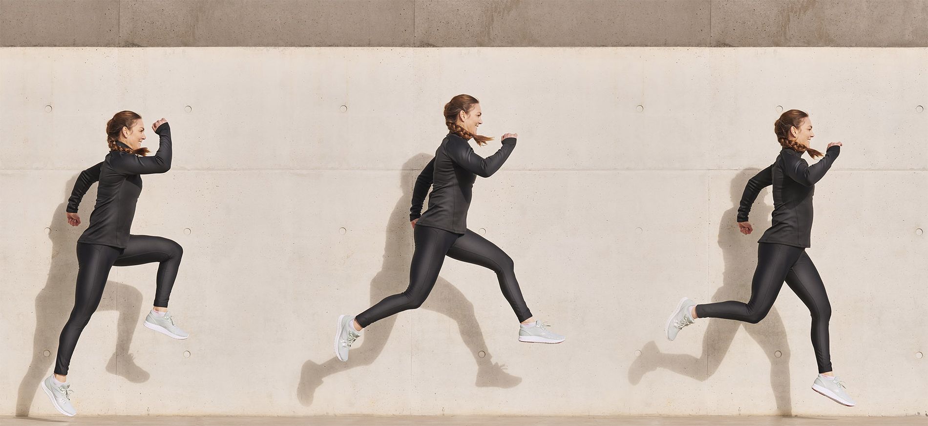 Ein Bild der springenden Personal Trainerin Nadine Förster in drei verschiedenen Momenten der Flugphase
